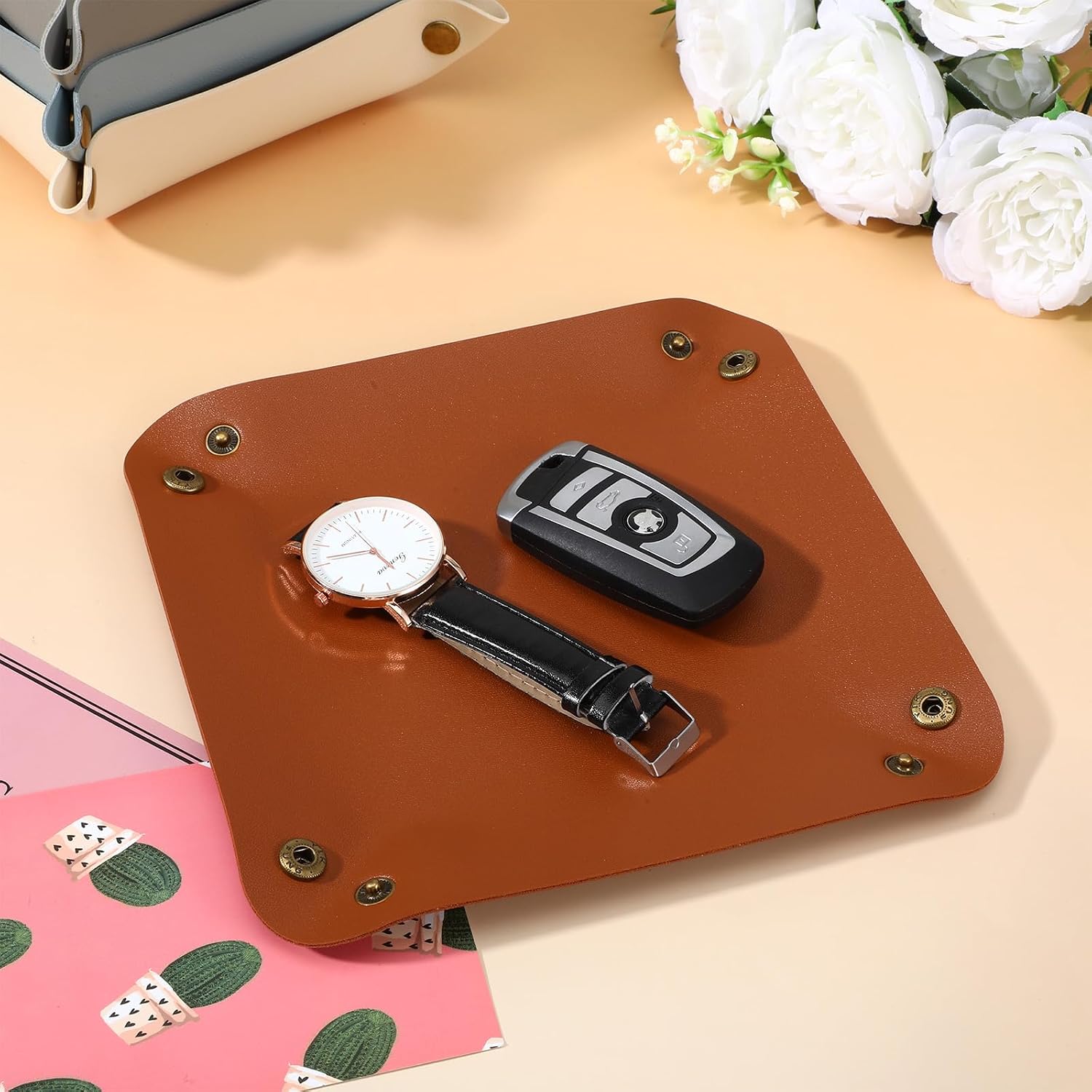 24 Pcs Leather Valet Tray, 12 Colors Portable Catchall Organizer, Jewelry Key Phone Wallet Coin Tray for Travel Entryway Desk Bedside Nightstand Storage