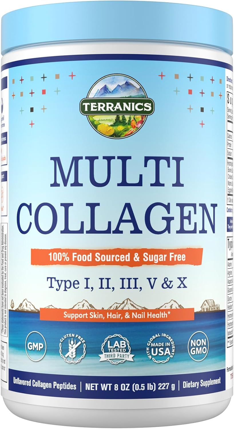 Terranics Multi Collagen Peptides Powder, Type I II III V X Hydrolyzed Collagen for Women+Men, Collagen Supplements, Fast Dissolve, Unflavored Colageno, No Sugar, Keto, 8oz