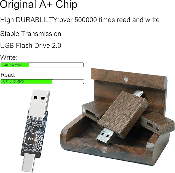 Clé USB C en Bois de Noyer 8 Go Type-C OTG Pen Drive Compatible avec Smartphone Android - Double Interface USB-A et Type-C - 2