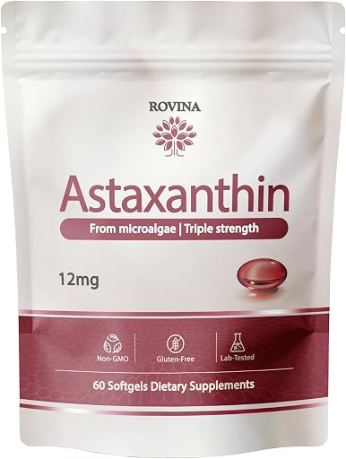 ROVINA Astaxanthin 12mg Softgels, Triple Strength Antioxidant | Triple Strength Antioxidant from Microalgae; supports eye, skin, immune & joint health; Non-GMO, Gluten Free, 60 ct