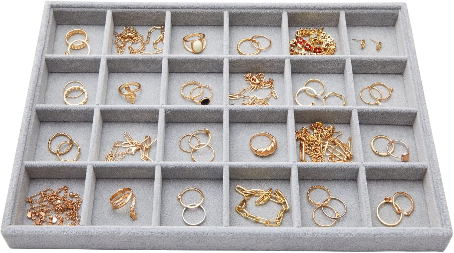 Juvale Velvet Jewelry Organizer Tray - Earring Tray Insert with 24 Compartments - Stackable Jewelry Drawer Organizer - Includes Bracelet Holder Slots - Gray, 14 x 10 in - Image 7