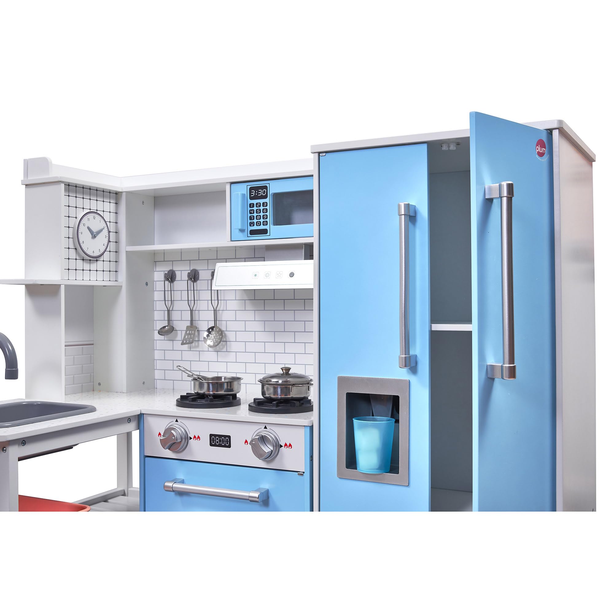 Plum Roleplay Kids Indoor Wooden Penne Pantry Bakehouse Kuchnia z przyborami do gotowania, lodówką z maszyną do lodu i kuchenkami elektrycznymi ze światłami i dźwiękami - 3 lata plus 110 x 102 x 33 cm