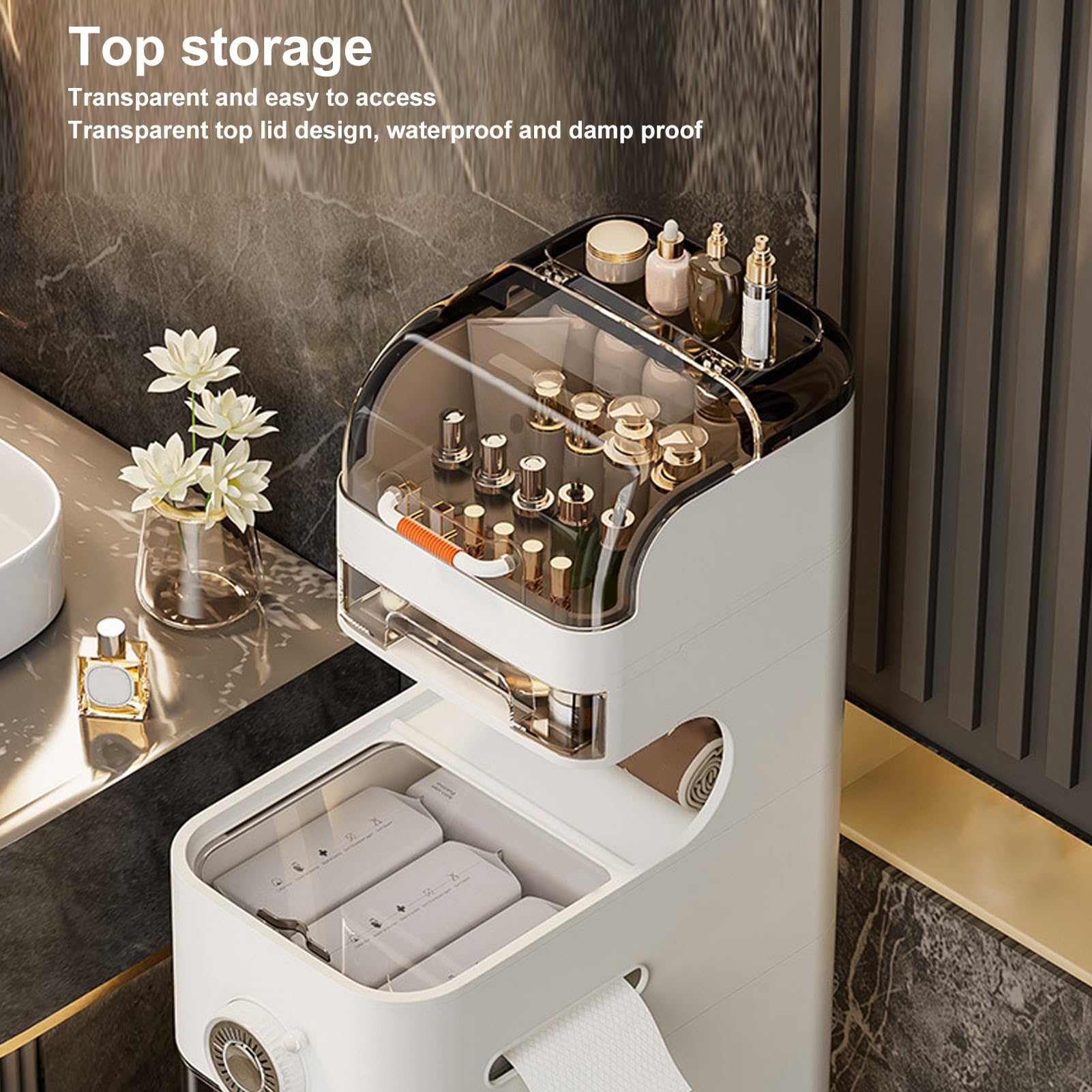 FLEXMAN 4 Tiers Slim Bathroom Storage Cabinet, Narrow Bathroom Floor Storage Cabinet with Wheels, Multifunctional Waterproof Bathroom Cabinet with Drawers for Small Spaces