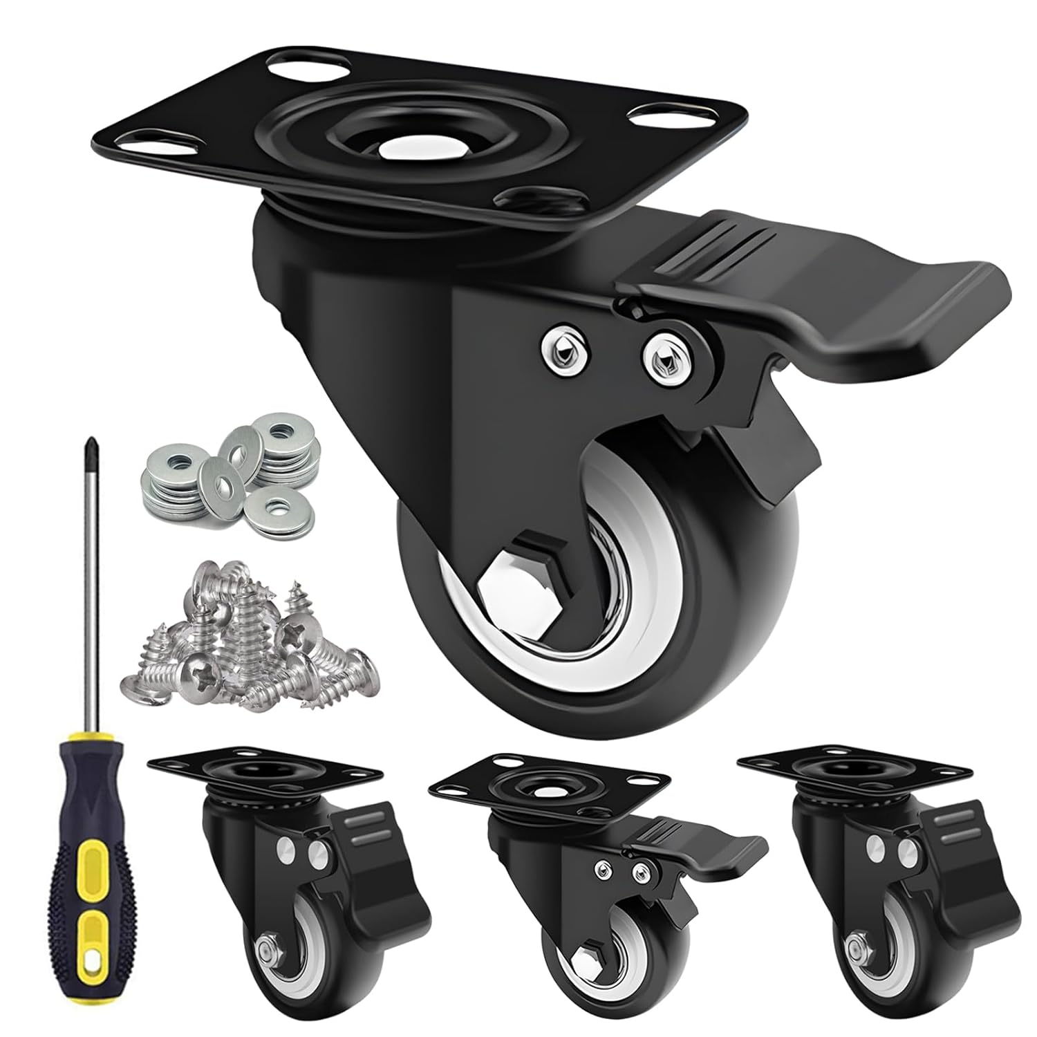MSH&HCE 2 Inch Locking Caster Wheels with Brake, 360° Swivel Set of 4 for Furniture, Cabinets and Light Carts