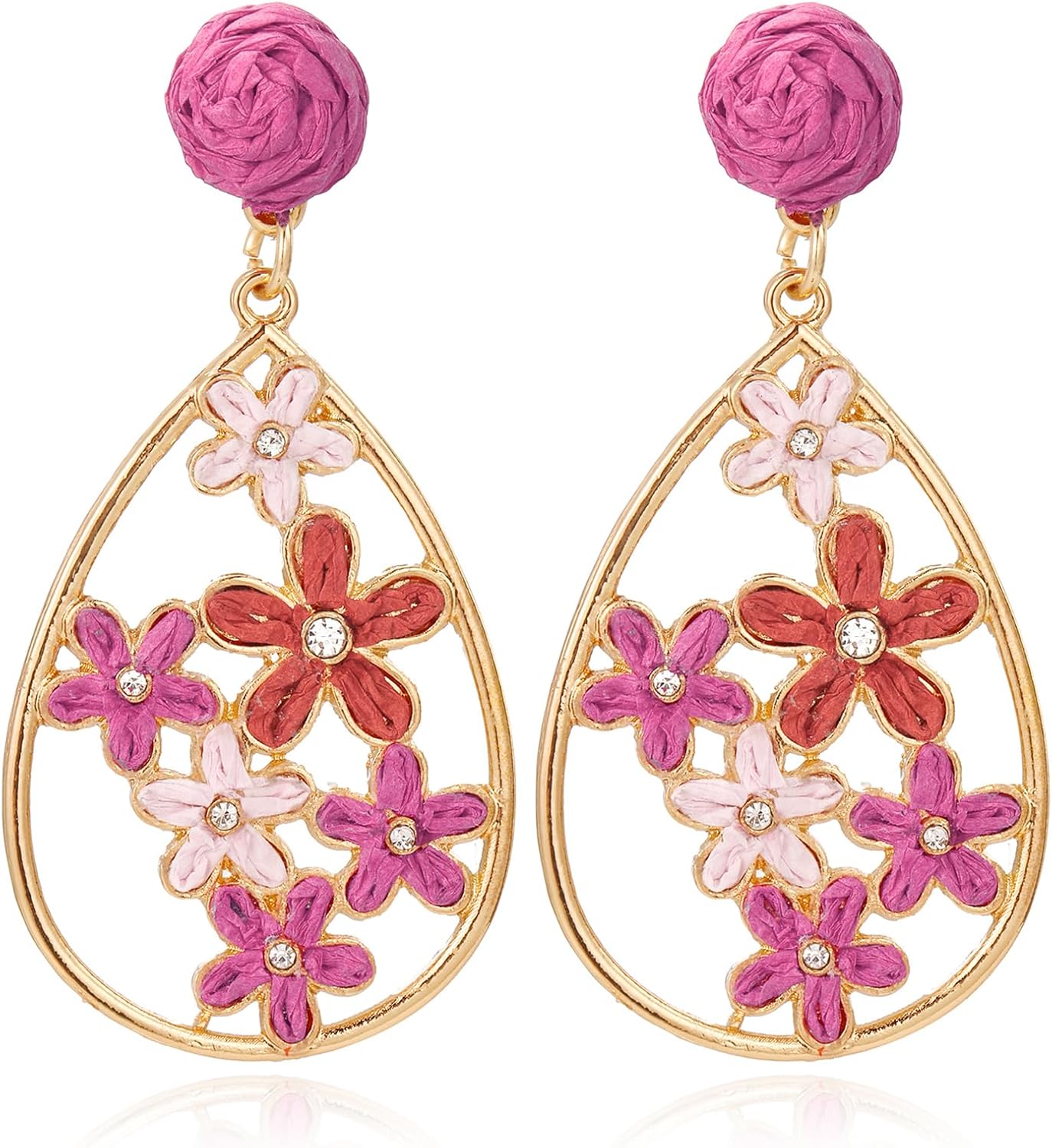 Coiris Raffia Flower Earrings for Women Boho Floral Teardrop Hollow Dangle Earrings Cute Trendy Summer Tropical Drop Earrings Beach Jewelry for Women