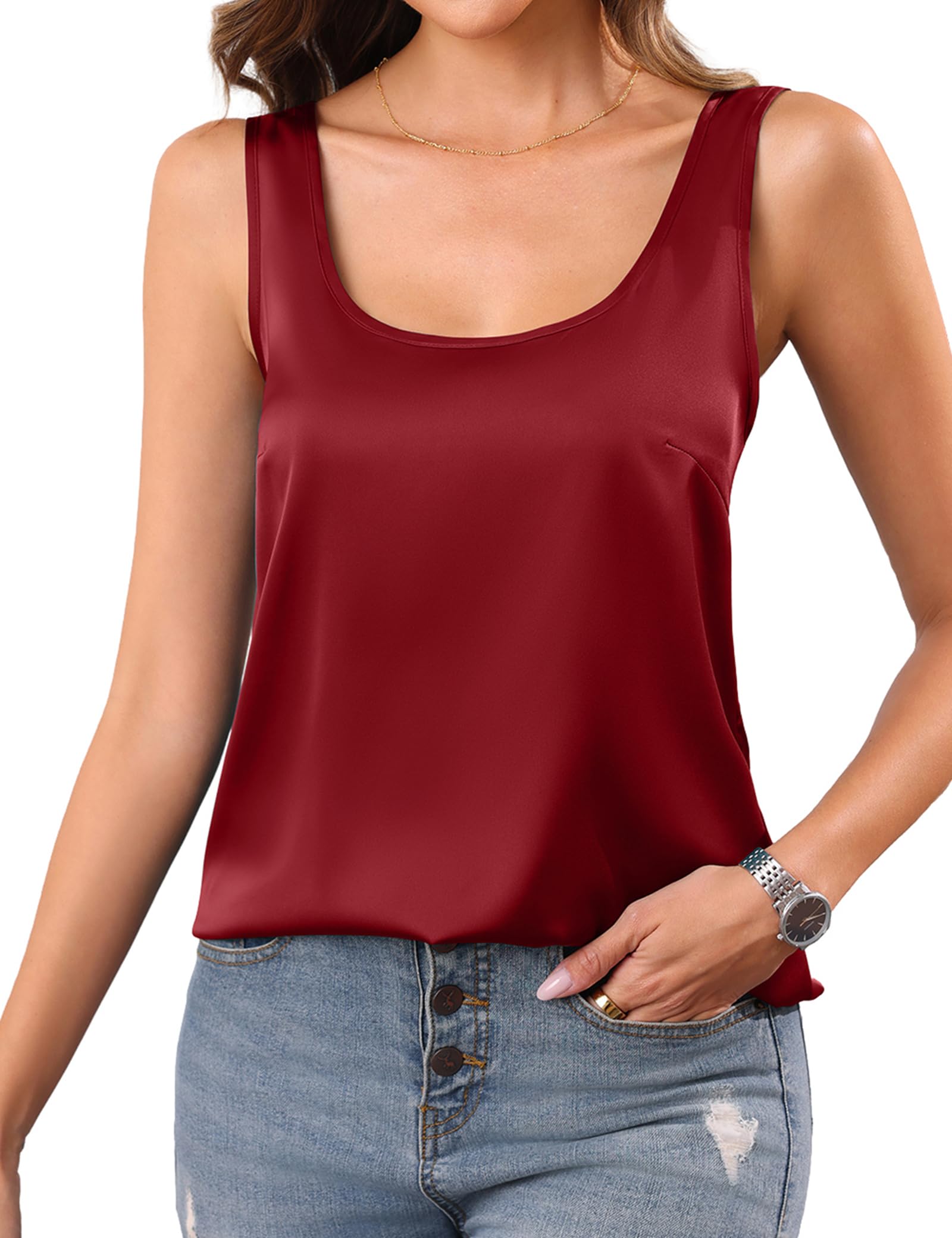Aottori Satin Top Damen U-Ausschnitt Ärmellos Locker Sommer Satinoptik | Glatte leicht glänzende Oberfläche; U-Ausschnitt mit ärmelloser Blusenform; kombinierbar mit Stoffhosen, Röcken oder Jeans