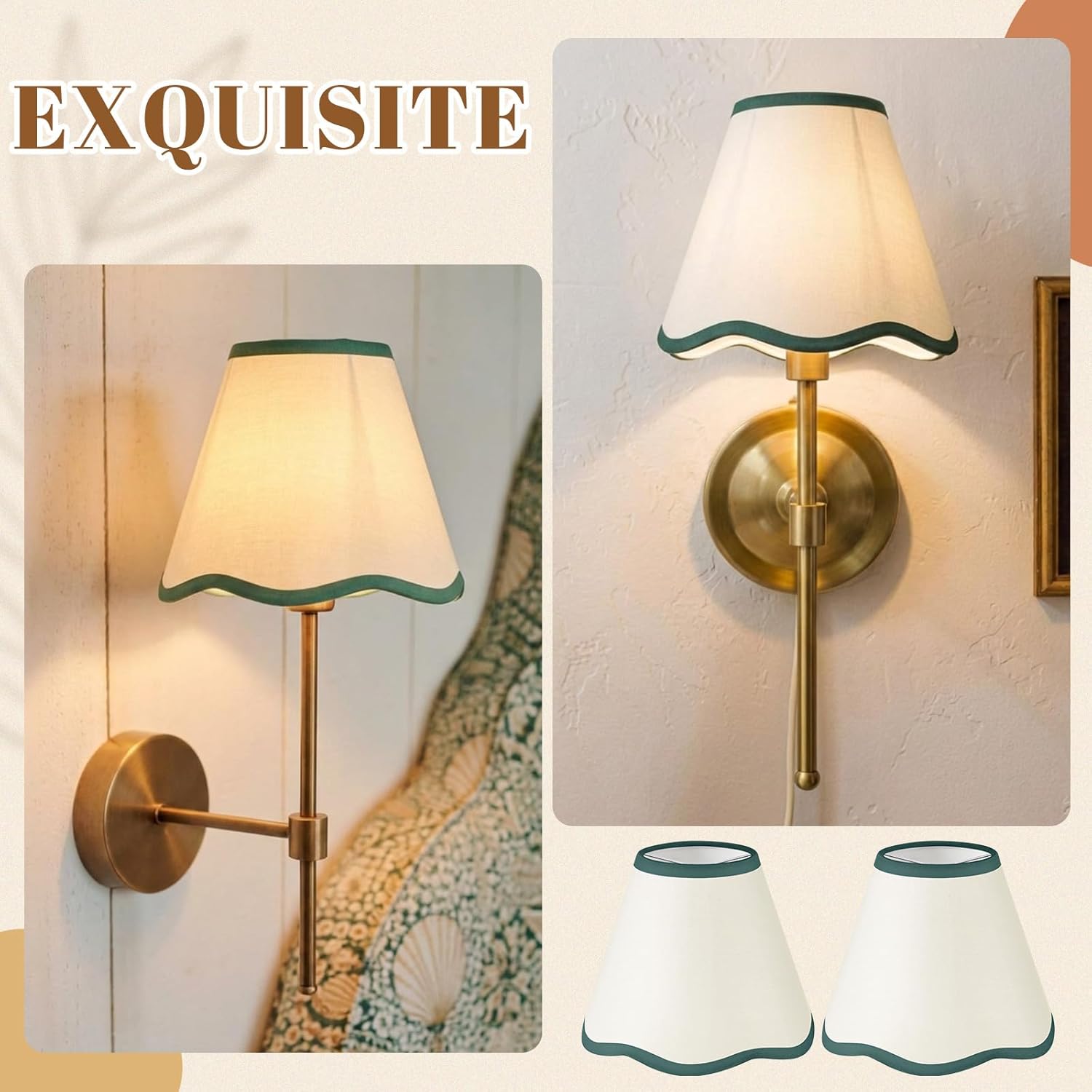 VIHOSE Beige Lamp Shade with Petal Edge Set of 3 Chandelier Shades Fabric Scalloped Lampshade for Floor Wall Lamps Table Living Room Bedroom(Green Edge)