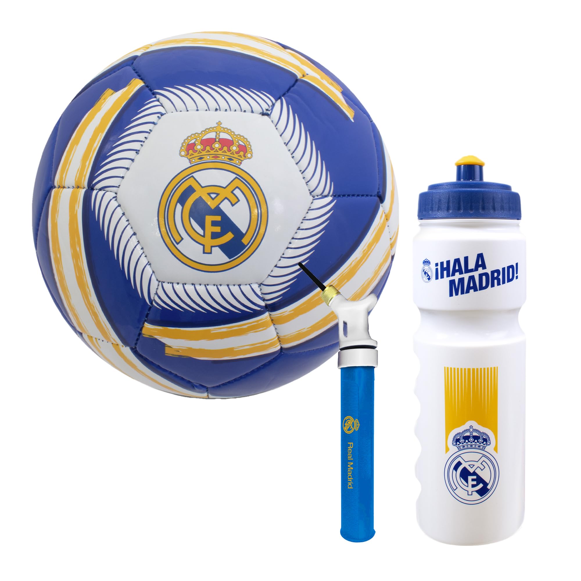 Hy-Pro Officially Licensed Real Madrid Football Set - Size 5 Ball, Pump & 750ml Bottle, Complete Football Gifts for Boys & Girls with Official Club Branding - White