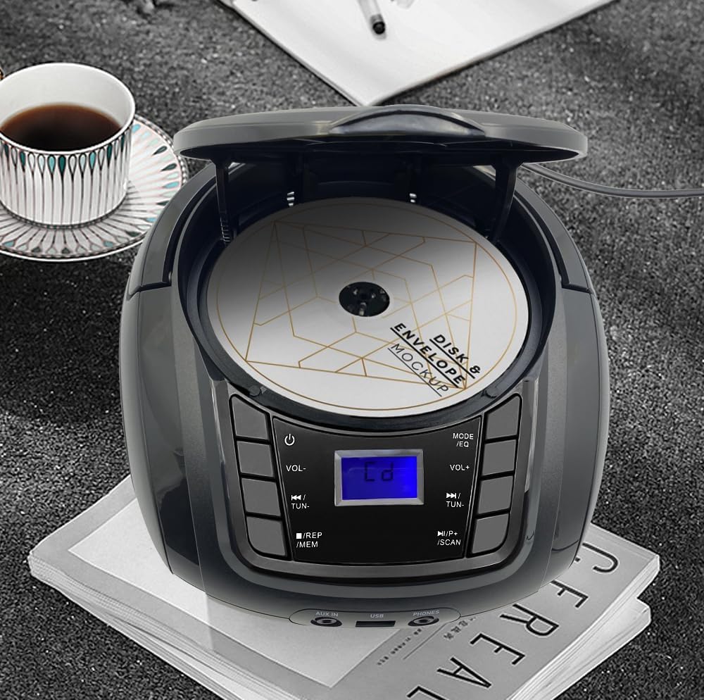 LONPOO Boombox with CD compartment open and a CD inside