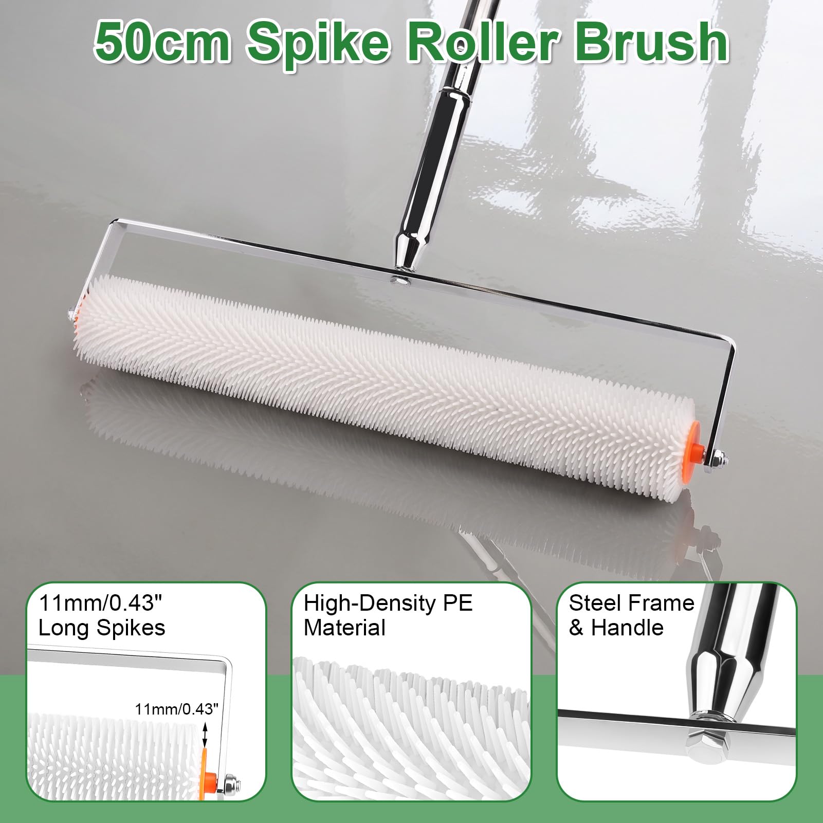 Bodenbeschichtung Entlüftungsroller Set, Stachelwalze Ausgleichsmasse - 56cm Edelstahl Stehrakel, 50cm Entlüftungswalze, Nagelschuhe, Farbroller, Spachtel, Teleskopstiel 42-162cm | Keine Biegearbeiten