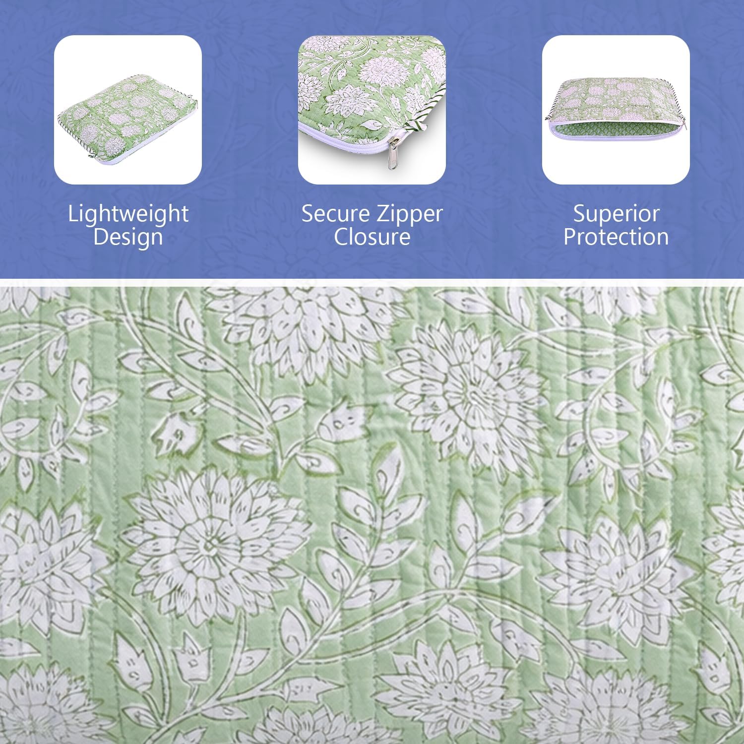 Quilted Laptop Sleeve Case 13–15.6 Inch | Handmade Block Printed Cotton Cover with Zipper | Padded Case for MacBook Air M4 2025 M3 M2 M1 & MacBook Pro M5 M4 Pro/Max (Sage Green)