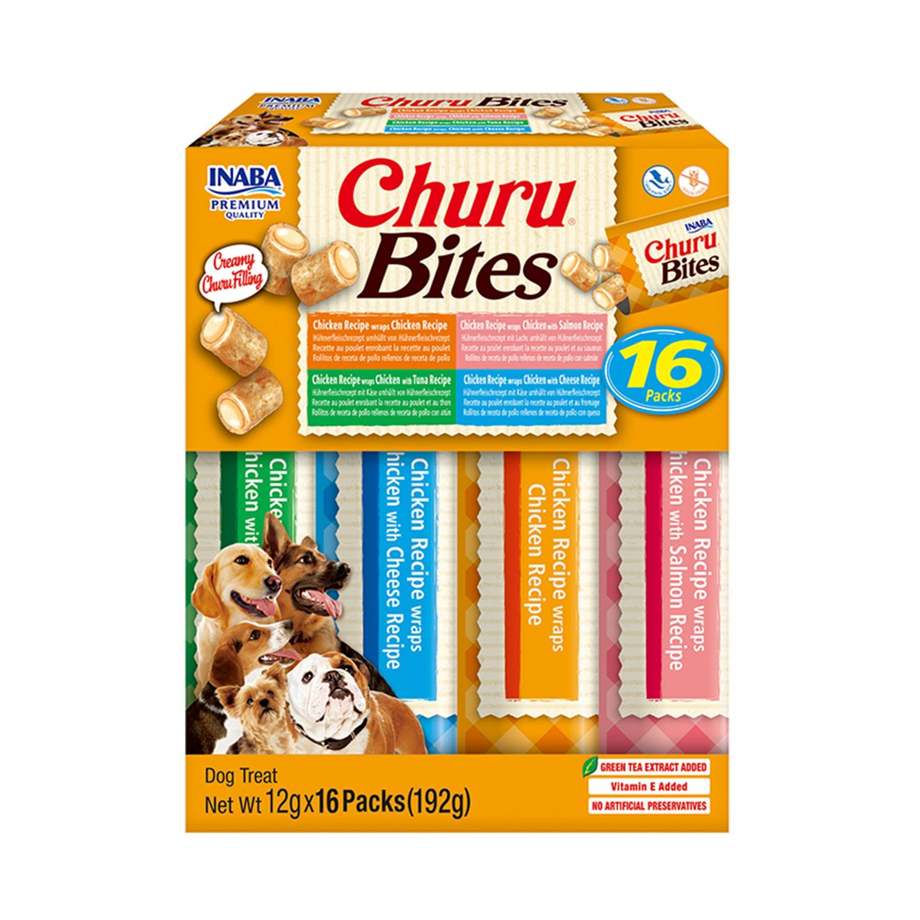 INABA Churu Bites Perros - 4 variedades de sabores - Palitos crujientes con Relleno cremoso, Aperitivo Delicioso y Saludable - Alimento con proteínas, sin colorantes ni conservantes - 192g (16x12g)