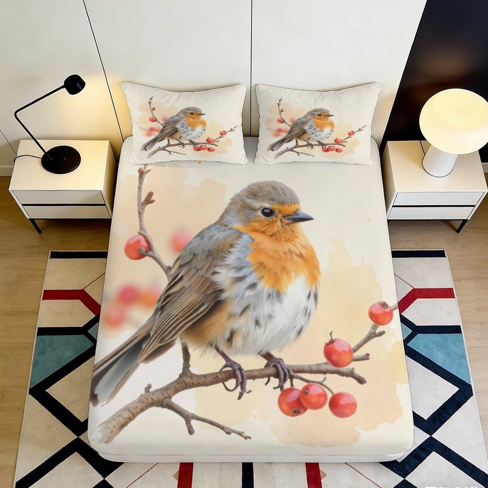 3D Printed Robin Bird Branch Fitted Sheet Microfiber Soft Bedroom Decor Bed Cover for Home Guest Room 90x200x25cm
