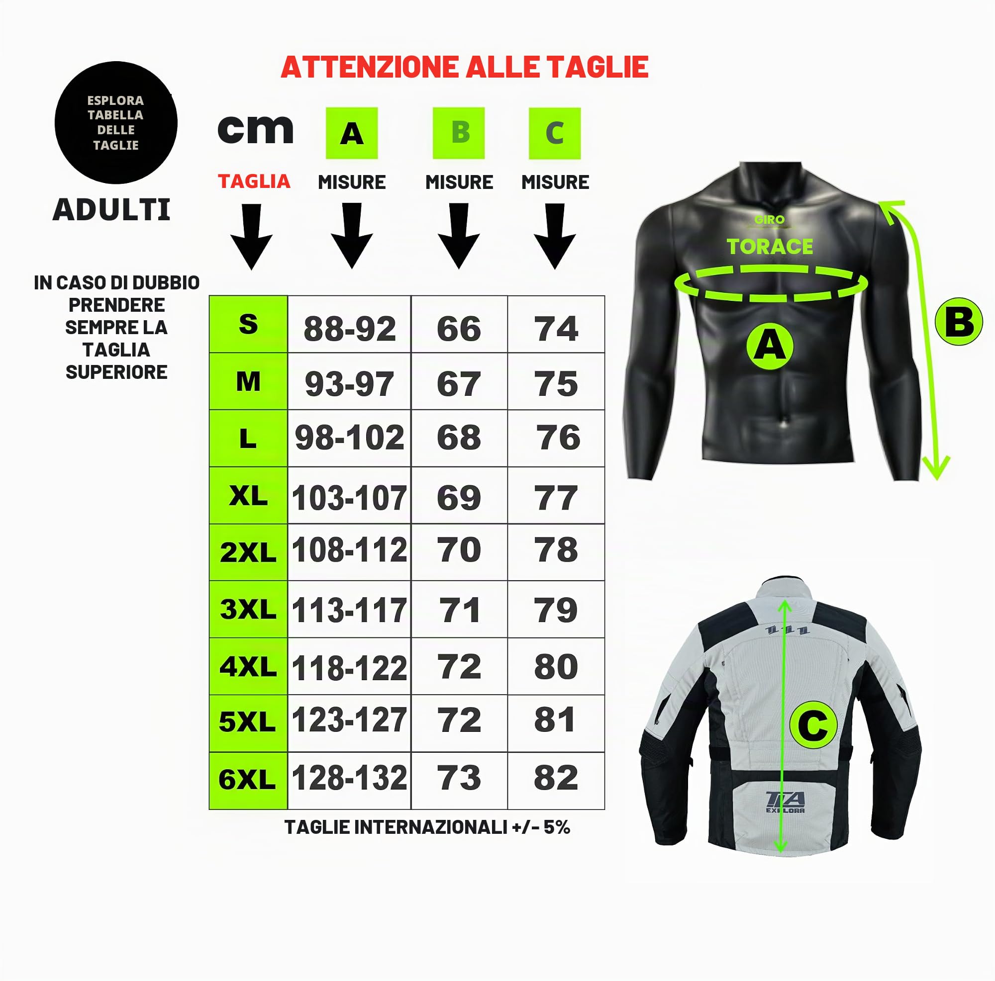 TLA EXPLORA Giacca Moto con Protezioni a 2 Strati, 4 Stagioni | imbottitura staccabile, traspirante, Taglie sino 7XL unisex per Uomo e Donna, Giubbotto moto enduro, quad, atv, motoslitta.