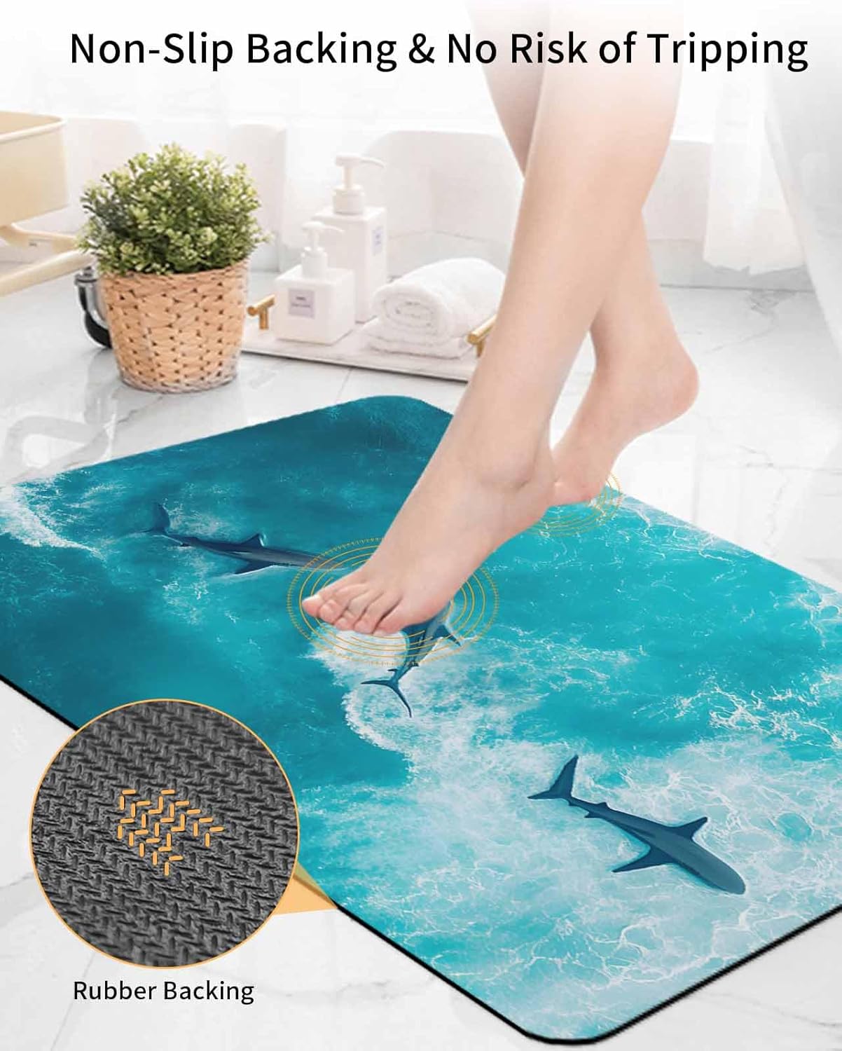 Bath Rugs Bathroom Rug, Summer Ocean Shark Blue Watercolor Absorbent Diatomaceous Earth Bath Mat Quick Drying Non-Slip Washable Shower Mat, Sea Marine Animal Doormat for Bathtub Kitchen 18x30in