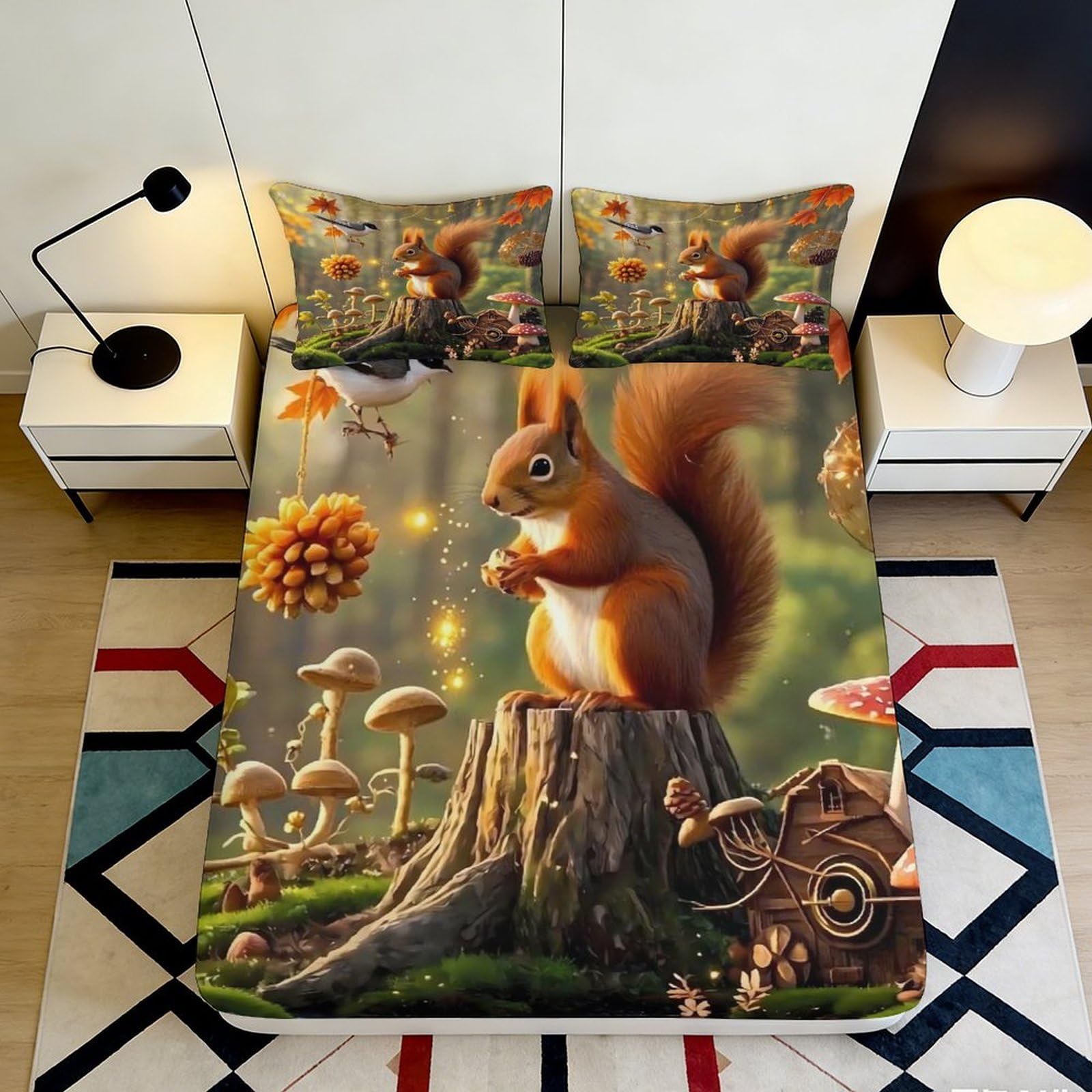 3D Printed Squirrel Forest Fitted Sheet Microfiber Soft Woodland Animal Mattress Cover Bedroom Decor Washable 120x200x25cm