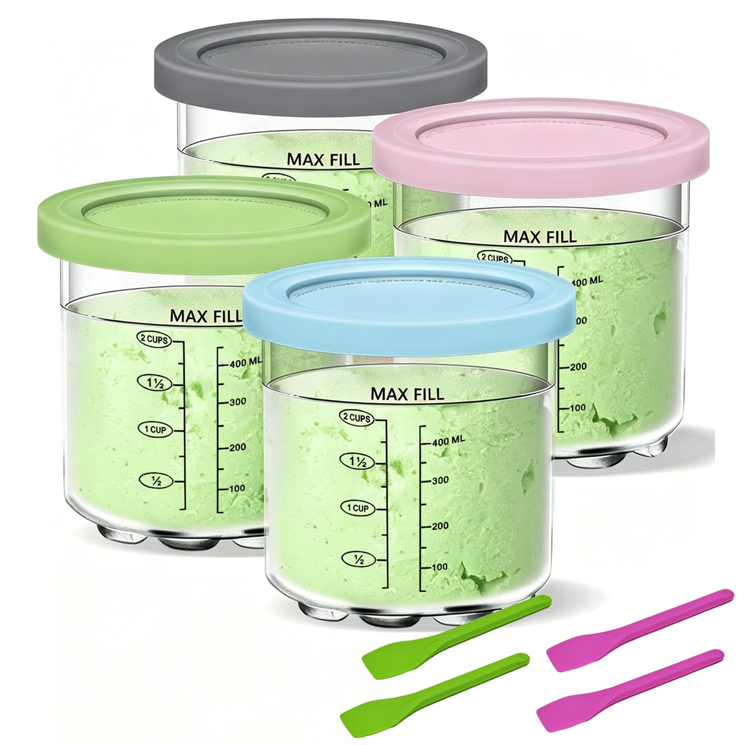 Lot de 4 bacs à crème glacée compatibles avec les machines à crème glacée Ninja CREAMi NC300UK NC300UKCO NC300UKCP NC301 NC299AMZ Series pour Ninja Creamy Pint Récipients de rechange avec couvercles