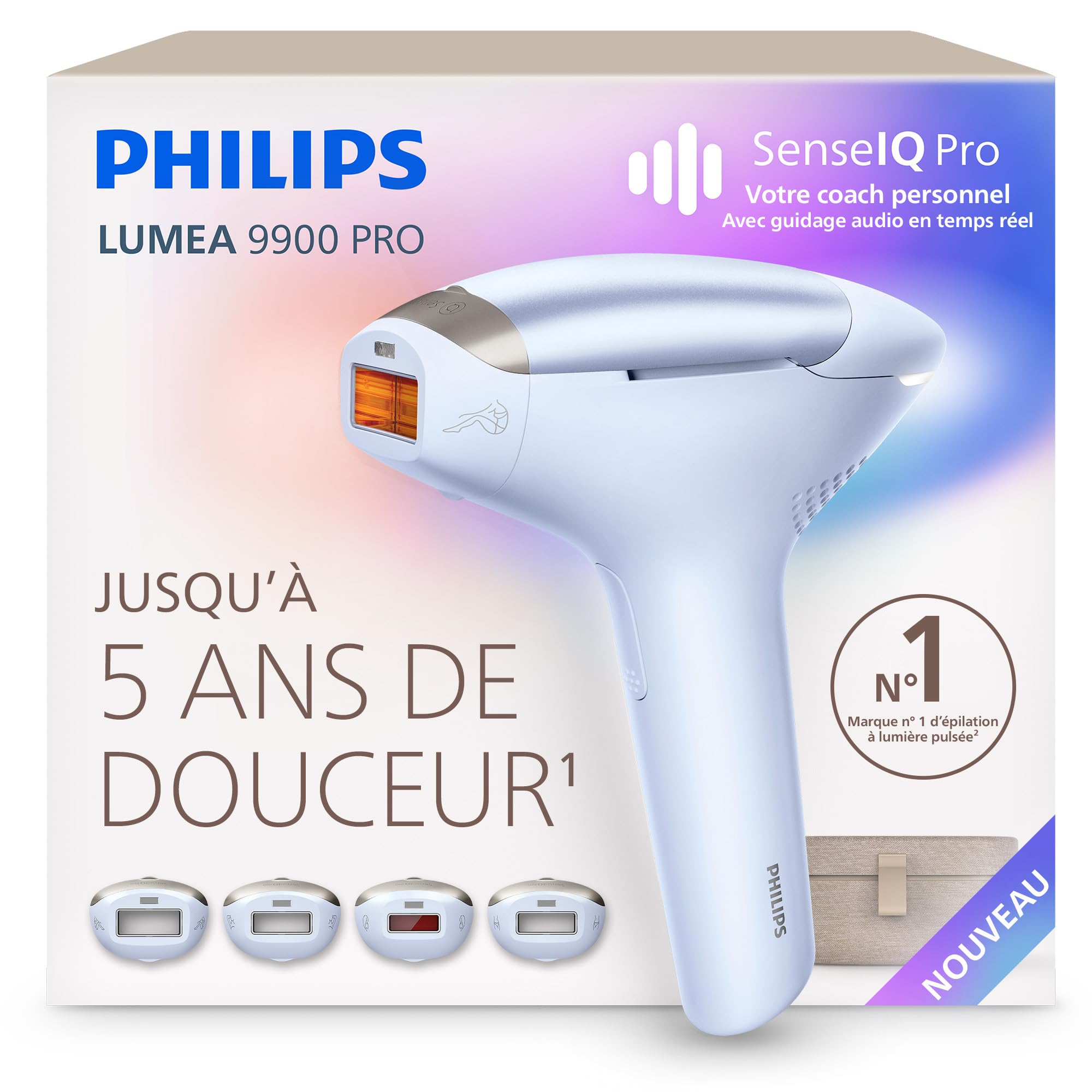 Philips Lumea 9900 Pro Épilateur à lumière pulsée – alternative au laser en institut, utilisation facile, sécurité de qualité médicale, 4 accessoires corps, visage, maillot et aisselles, BRC343/00