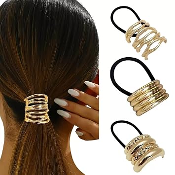 3 PCS Metal Hair Ties Gold Hair Cuffs Hair Accessories Headbands for Women Ponytail Holders Stretchy and Non-Damage Hair Bands Set 18