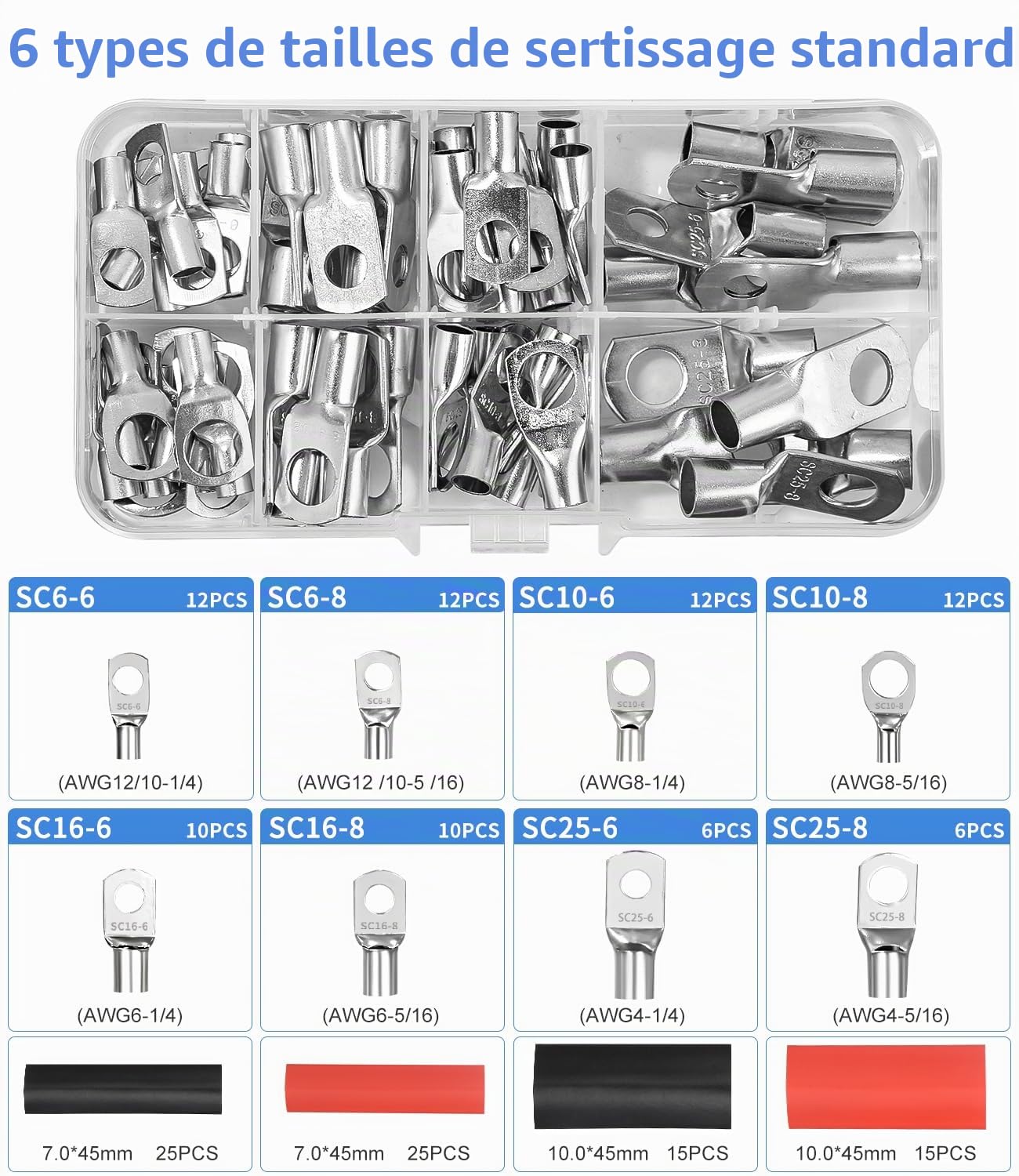 Pince à sertir Cosses de câble 16 mm² 6/10/16/25/35/50 mm² avec 120 bornes à anneau en cuivre