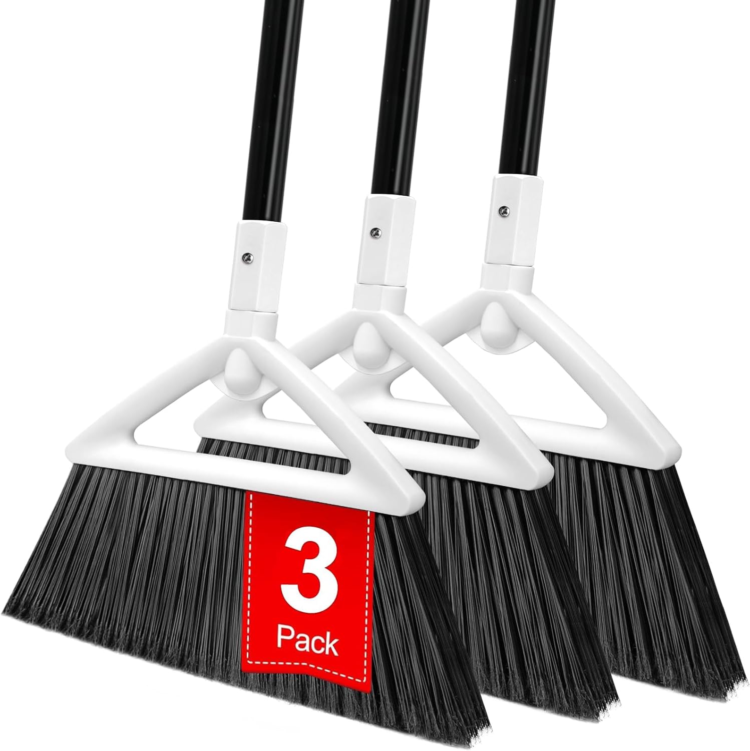 Heavy Duty Angle Broom 3 Pack - White Broom for Outdoor & Indoor, Garage, Driveway, Sidewalk, Kitchen & More, Long Handle