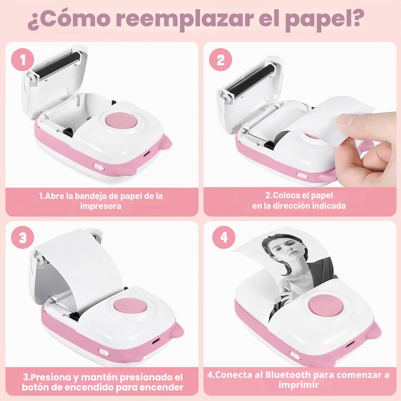 Mini Impresora para Movil, Impresora Termica Fotográficas, Impresora Mini Portátil Inalámbrico Compatible con iOS y Android para Fotos Nota (Rosa)