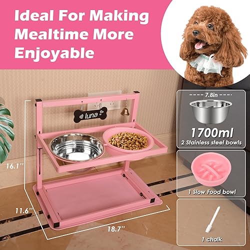 Miniatura 3 de SHAINFUN Soporte elevado rosa para perros con dos cuencos de comida de acero inoxidable de 57.5 fl oz, un comedero lento para perros y tapete a