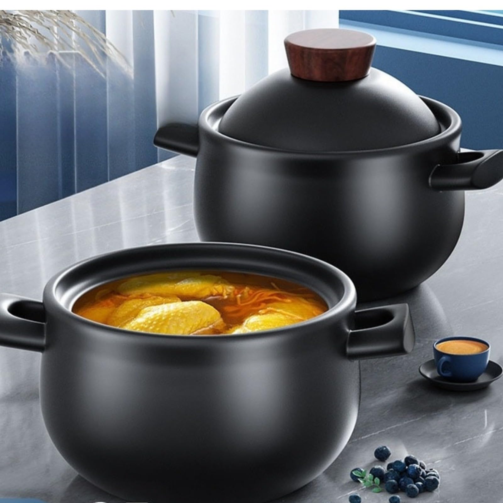 Casseruola in argilla nera, 3,6 l, resistente al calore, per stufe a gas, finitura smaltata