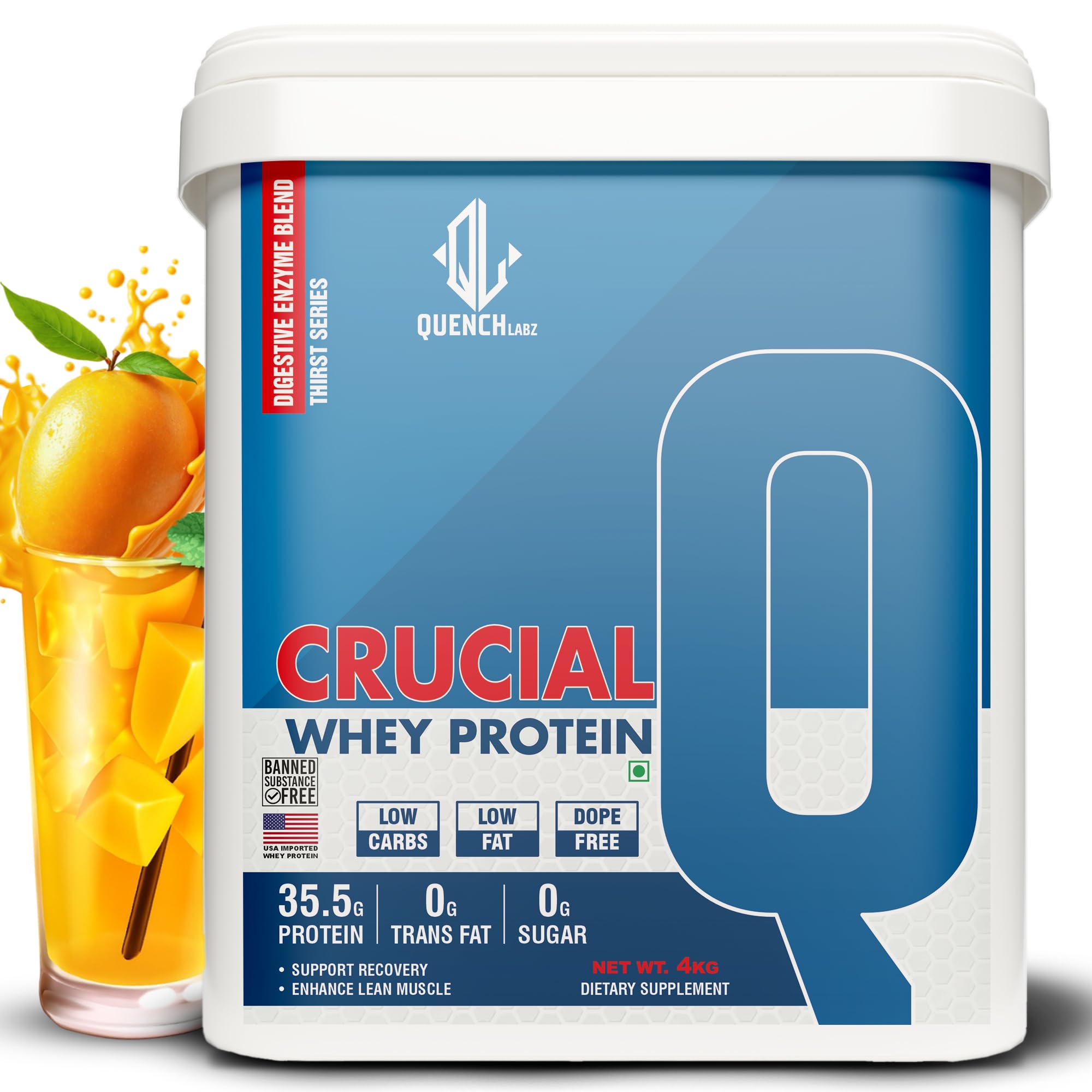 QUENCHLABZ CRUCIAL Whey Protein 1kg Mango | 35.5g Protein per Serving | Low Carb, Low Fat, No Sugar | Muscle Recovery & Growth | FSSAI Certified — Amazon image 11