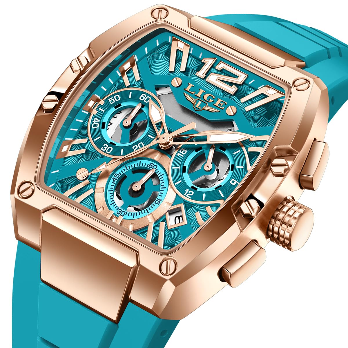 LIGE Reloj Hombre Cronógrafo Analógico de Cuarzo - Diseño Tonel Deportivo | con Correa de Silicona para Negocios y Ocio, con Calendario y Agujas Luminosas, Resistente al Agua 3 ATM, Regalo para Hombre