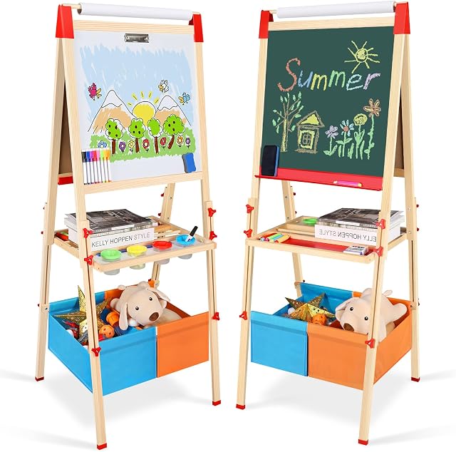 Kids Art Easel, Wooden Double Sided Black White Painting Board, Height Adjustable Board with Complete Accessories Chalkboard for Gifts Toddlers 2-7 Year Old