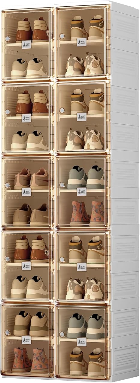 ANTBOX Shoe Organizer Storage Box, Portable Folding Shoe Rack For Closet With Magnetic Clear Door,Large Sneaker Cabinet Bins Sturdy Easy Assembly 10 Layers-20 Grids