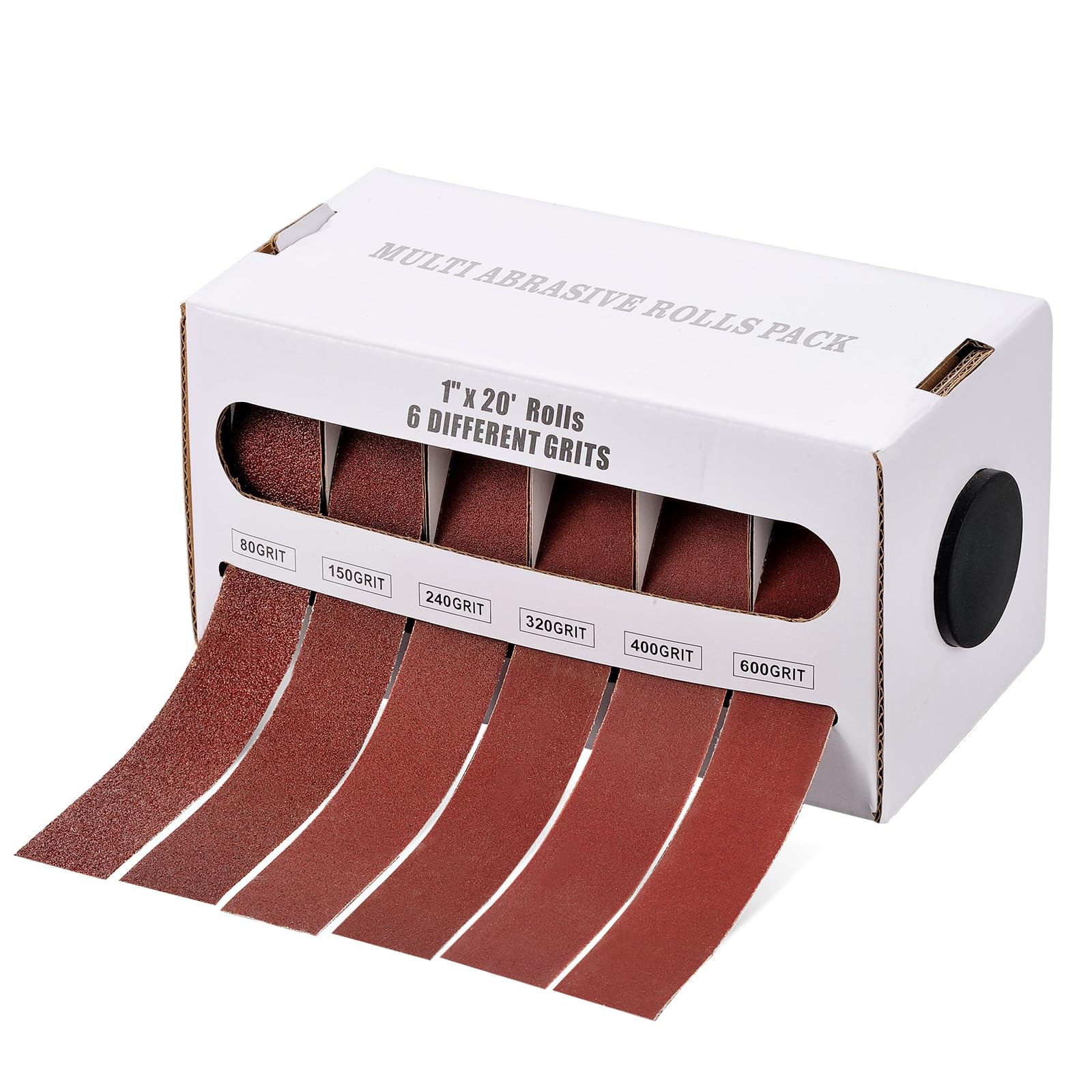 Mipepe Emery Cloth Roll, 1" x 20FT Sandpaper Roll Assortment 80 150 240 320 400 600 Grit, Aluminum Oxide Abrasive Roll with Dispenser Box for Wood