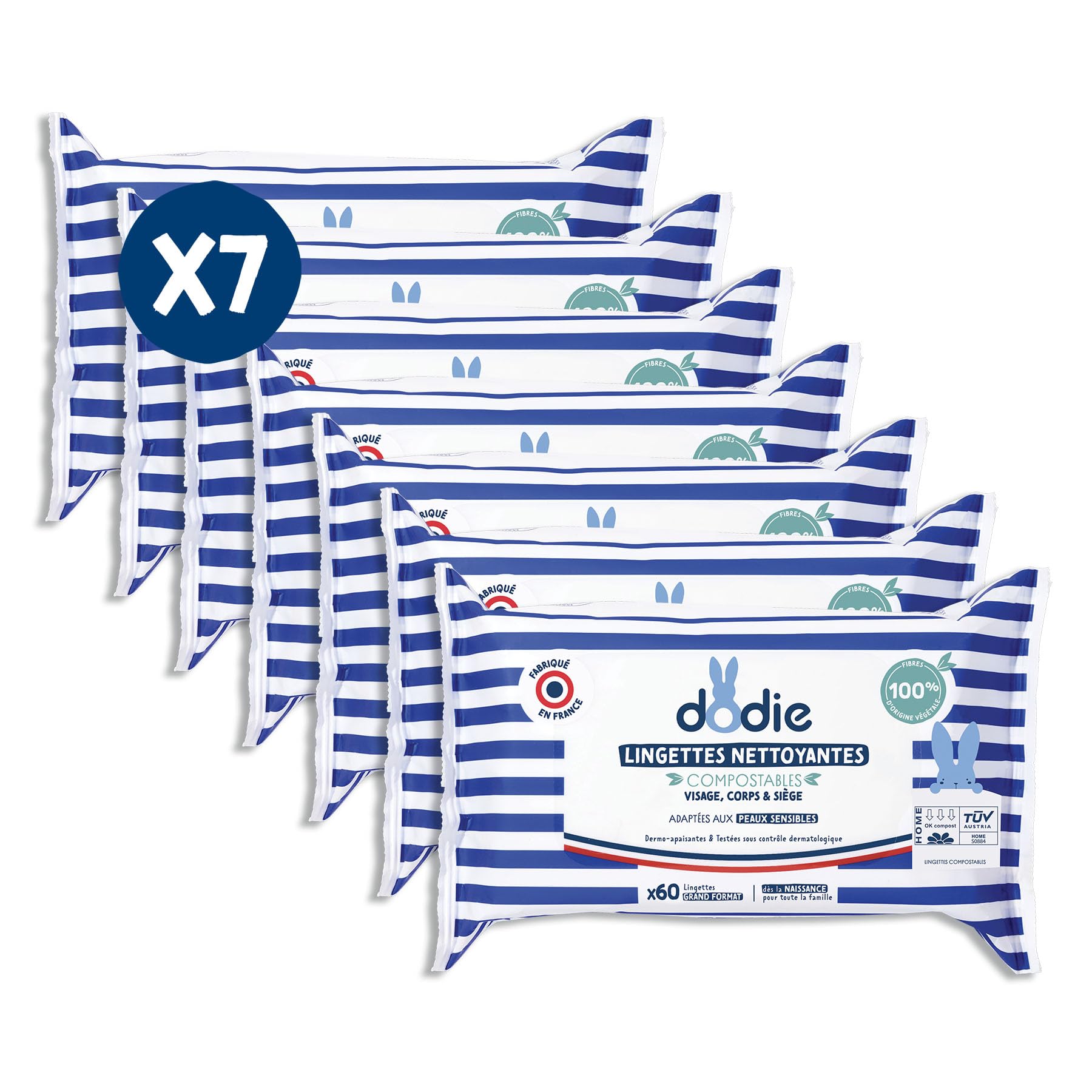 Dodie Lot de 7 Paquets de Lingettes compostables dermo-apaisantes x60