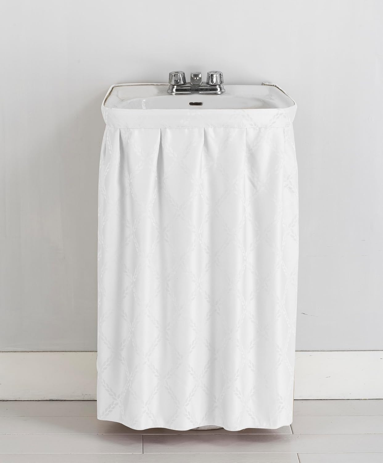Fabric Sink Skirt Intersecting Leaves Pattern, Self Adhesive Water Repellent Vanity Cover (White)