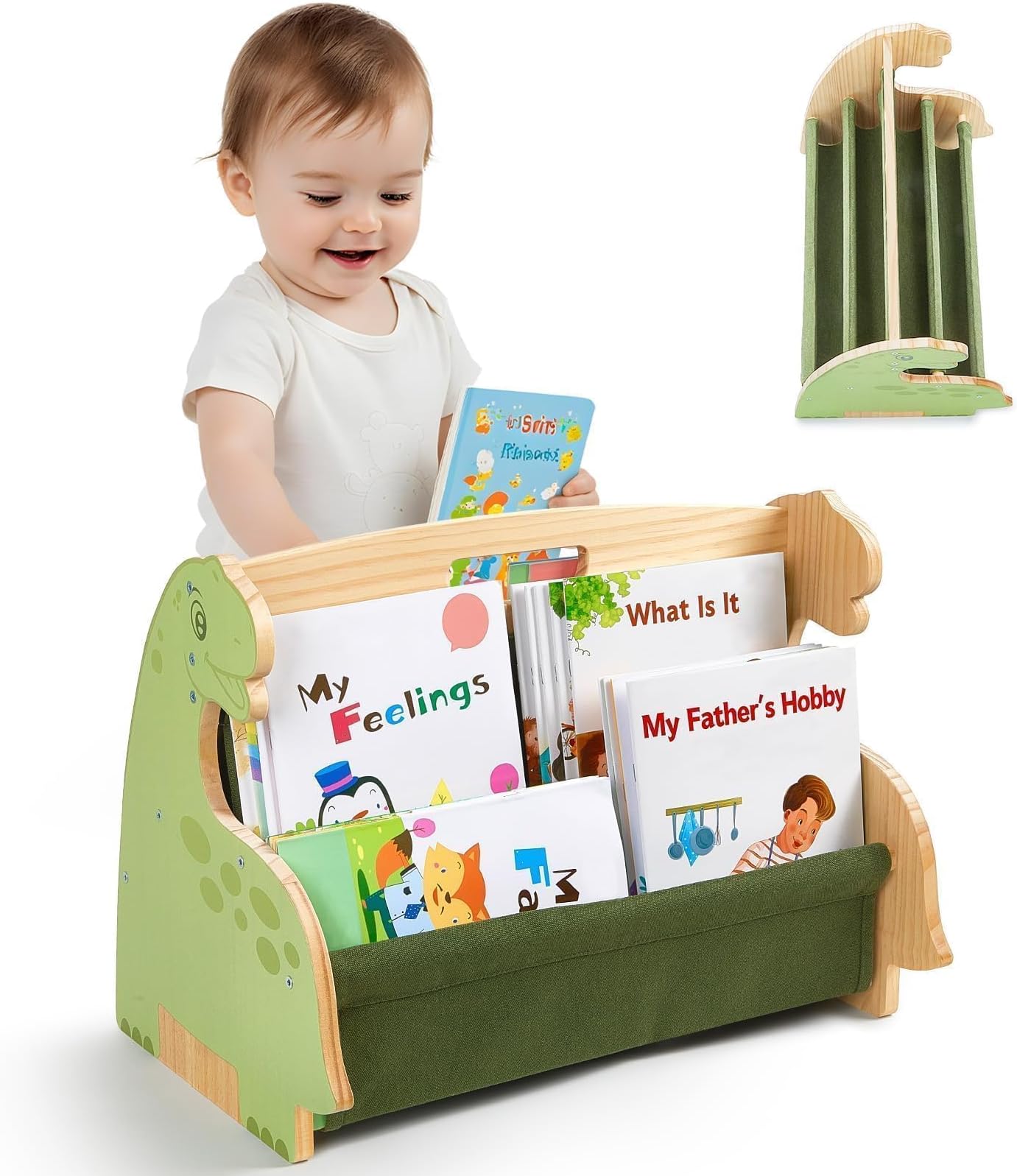 Toddler Bookshelf Double-Sided with 4 Tier Deep Sleeves Kids Wooden Montessori Book Rack for Baby Nursery Room, Playroom, Classroom or Bedroom Bookcase Storage Organizer, Green Dinosaur