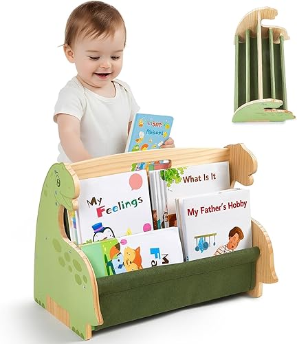 Miniatura 12 de Estantería infantil SheSeek de doble cara con 4 niveles de fundas profundas, estante de libros de madera para niños Montessori para habitación de