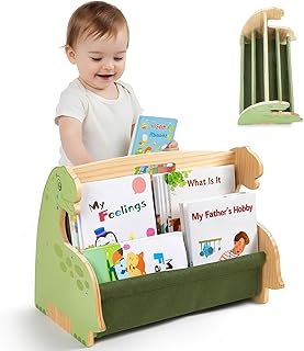 Toddler Bookshelf Double-Sided with 4 Tier Deep Sleeves Kids Wooden Montessori Book Rack for Baby Nursery Room, Playroom, Classroom or Bedroom Bookcase Storage Organizer, Green Dinosaur