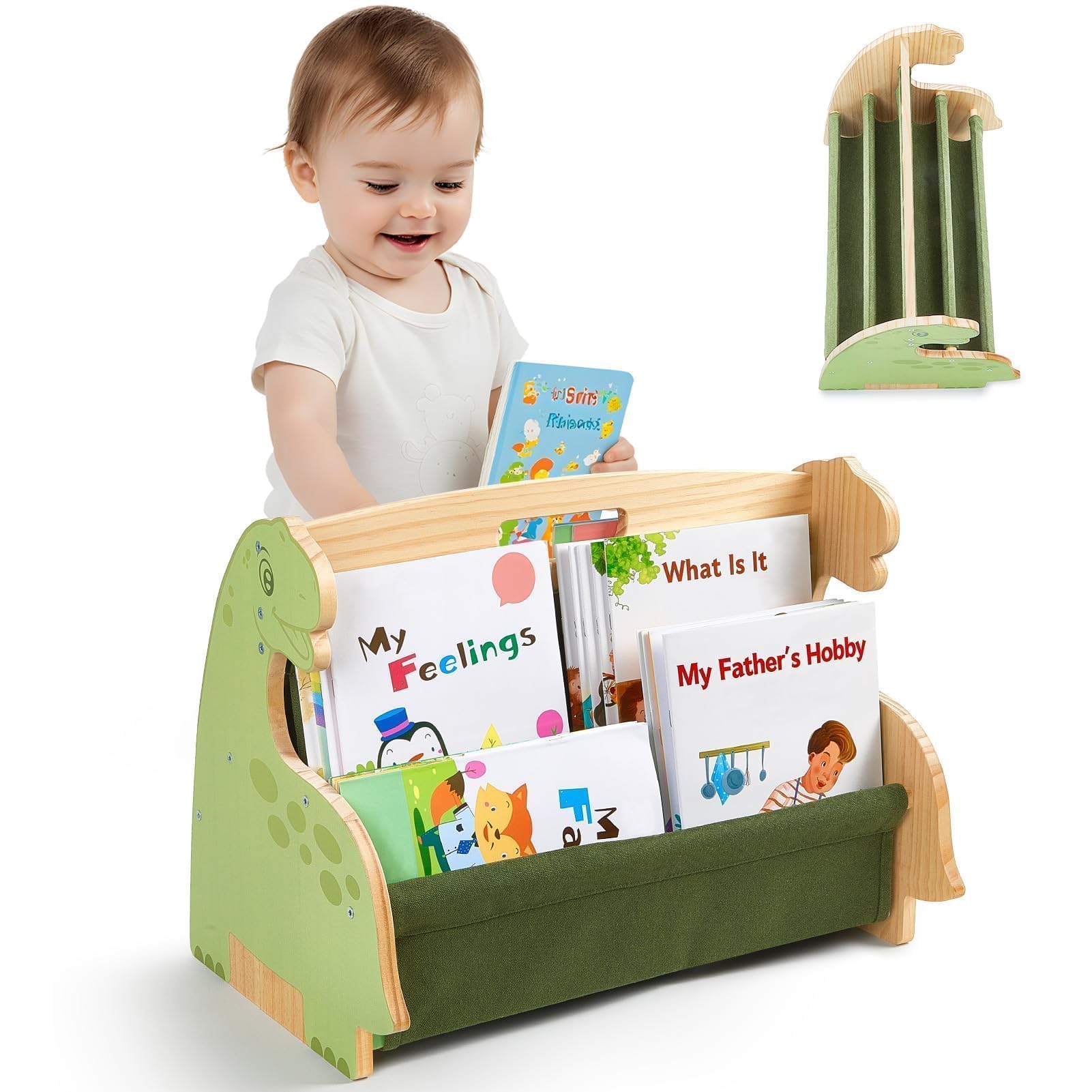 SheSeek Toddler Bookshelf Double-Sided with 4 Tier Deep Sleeves Kids Wooden Montessori Book Rack for Baby Nursery Room, Playroom, Classroom or Bedroom Bookcase Storage Organizer, Green Dinosaur