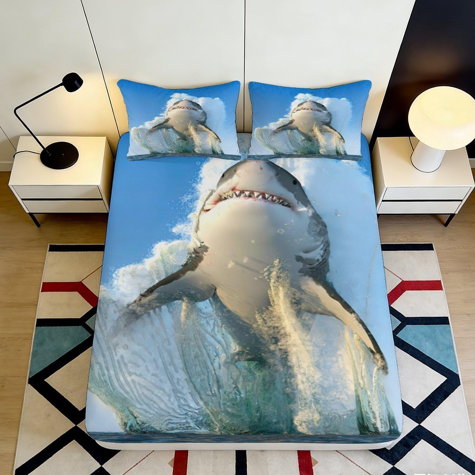 3D Printed Shark Ocean Fitted Sheet Microfiber Soft Breathable Splash Wave Mattress Cover for Bedroom Dorm Decor 90x200x25cm