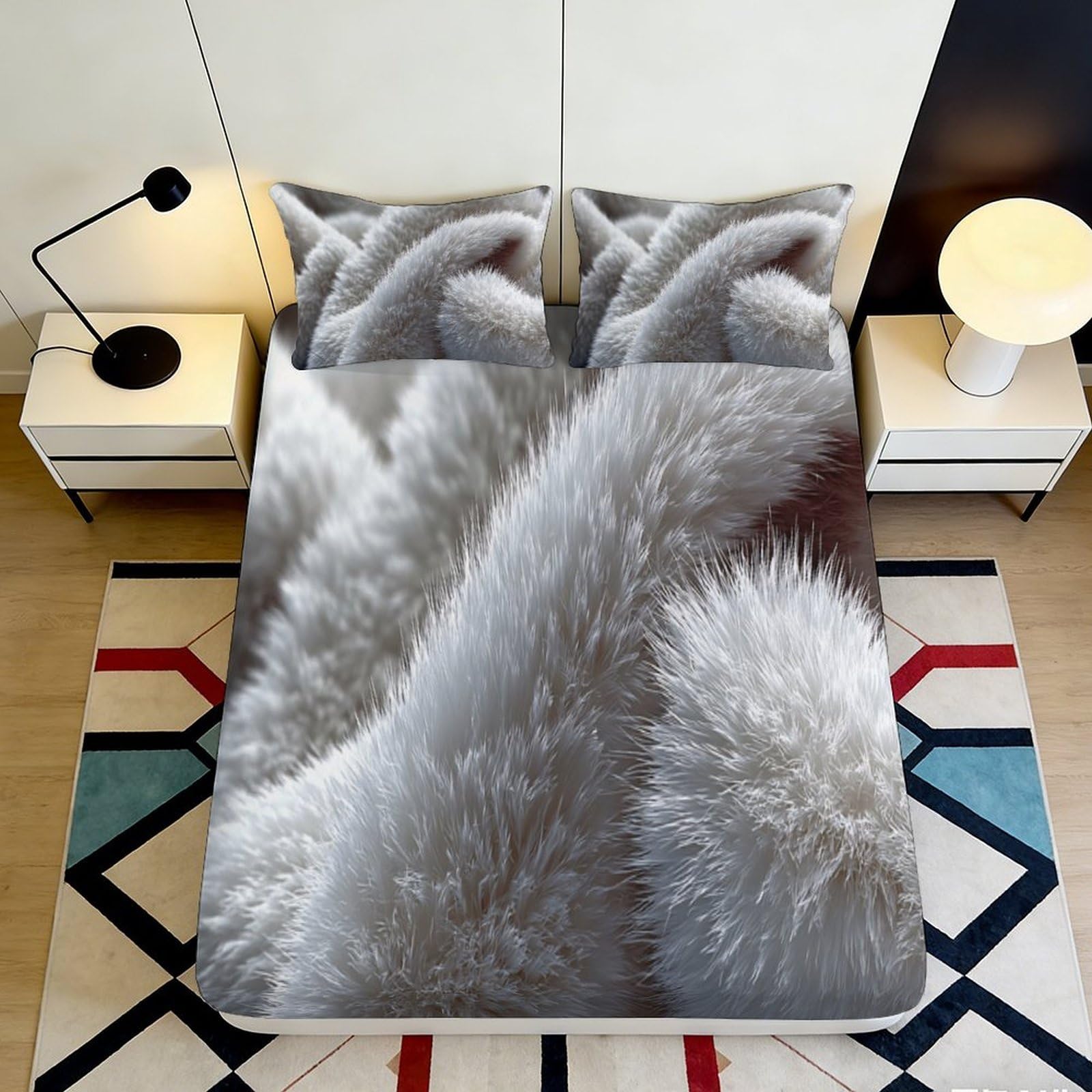 3D Printed Soft Gray Fur Pattern Fitted Sheet Microfiber Breathable White Fluffy Bed Cover for Bedroom Dormitory Guest Room Mattress Protection 160x200x25cm