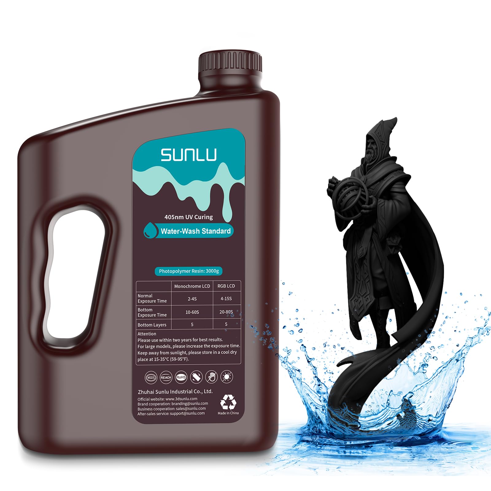 SUNLU Resina Lavabile in Acqua per Stampanti 3D 3KG, Resina UV 405nm per Stampa 3D Resina Fotopolimerica Standard per Stampanti 3D a 4/6/8K LCD DLP SLA, Alta Precisione, Basso Odore,Nero 3000g