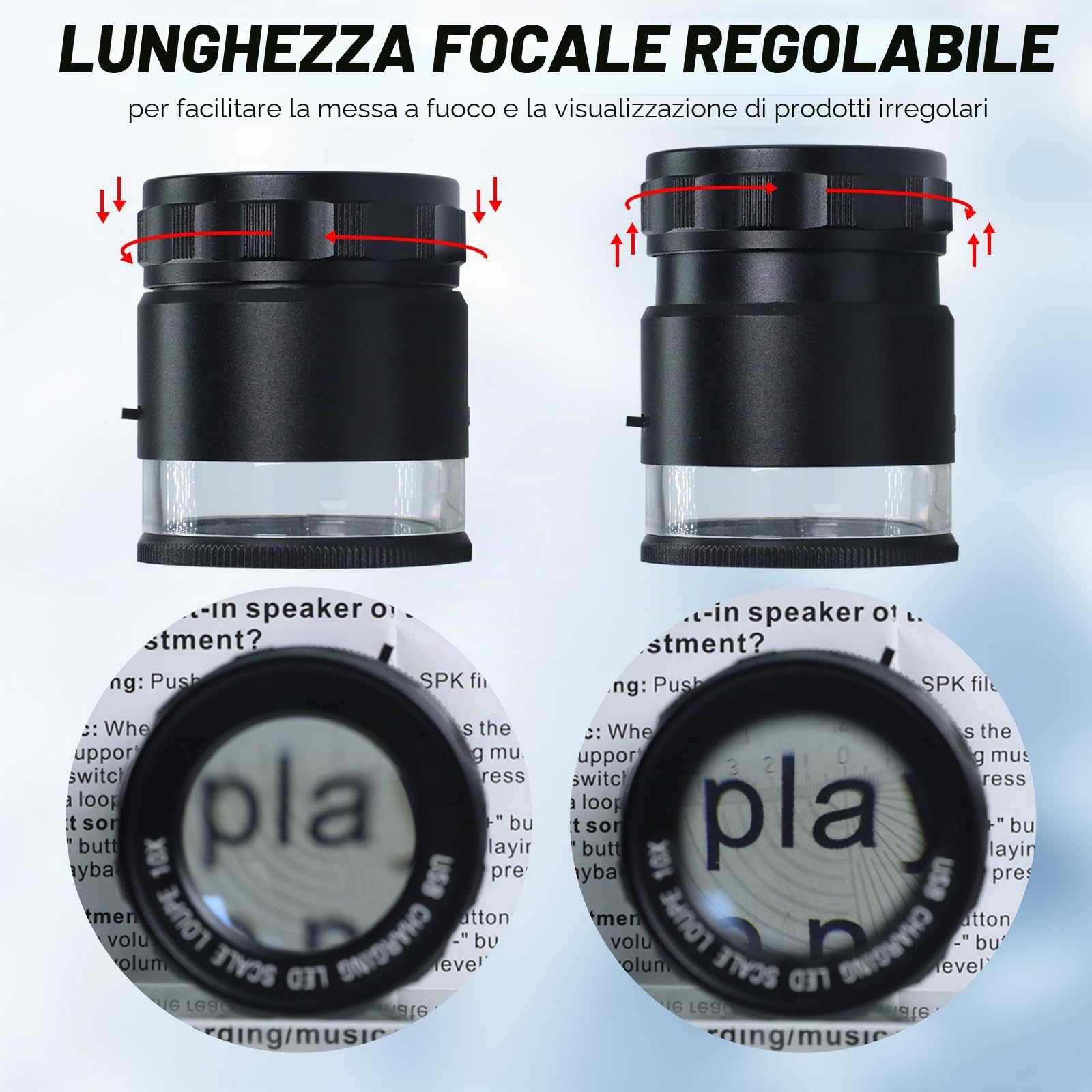 Lente d'ingrandimento ricaricabile per gioiellieri, 10 x con luci a LED e 3 scale a reticolo, campo visivo da 25 mm, messa a fuoco regolabile, lente d'ingrandimento a LED per gemme, monete, orologi