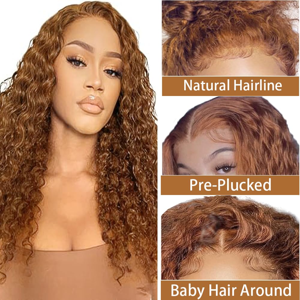 Human Hair Wig Curly Wave 4X1 Lace Parrucche Donna Capelli Veri Glueless Wear and Go Pre Plucked with Baby Hair Low Shedding #30 Light Brown for Women 24 Inch
