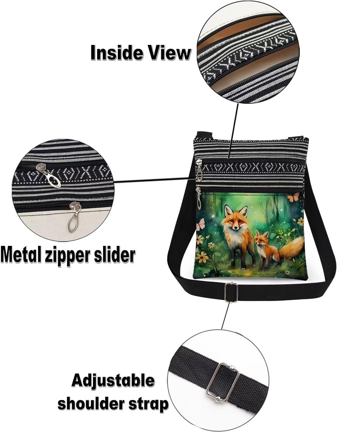 Forest Fox Print Messenger Bag Adjustable Strap for Adult Teens Sisters Crossbody Bag Birthday Holiday Gift Idea​​ for Fox Lovers Outdoor Travel Crossbody Purse