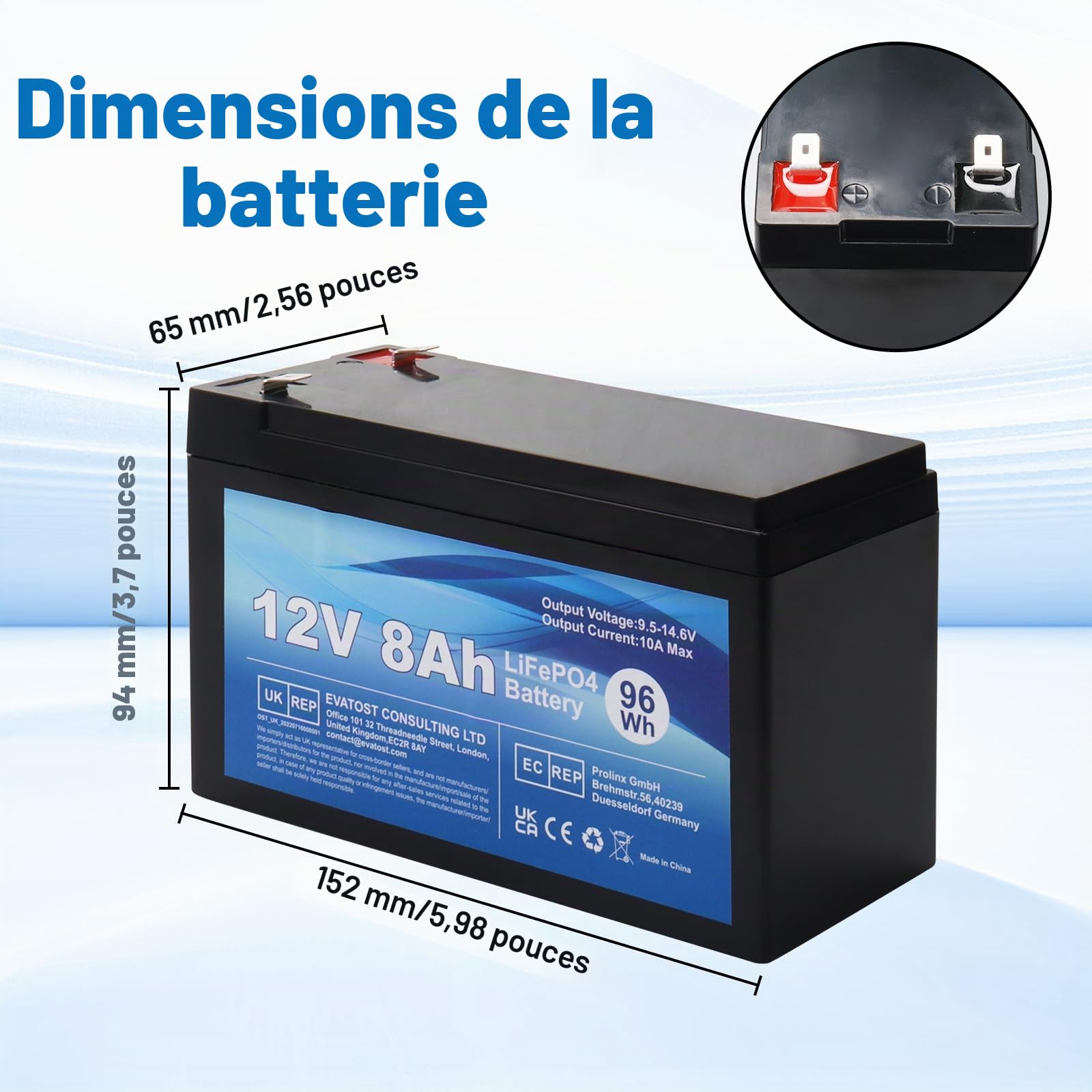 Batterie rechargeable LiFePO4 12 V 8 Ah au lithium fer phosphate avec BMS pour voiture d'enfant, cycle profond 4000 pour stock d'énergie solaire, application hors réseau, camping
