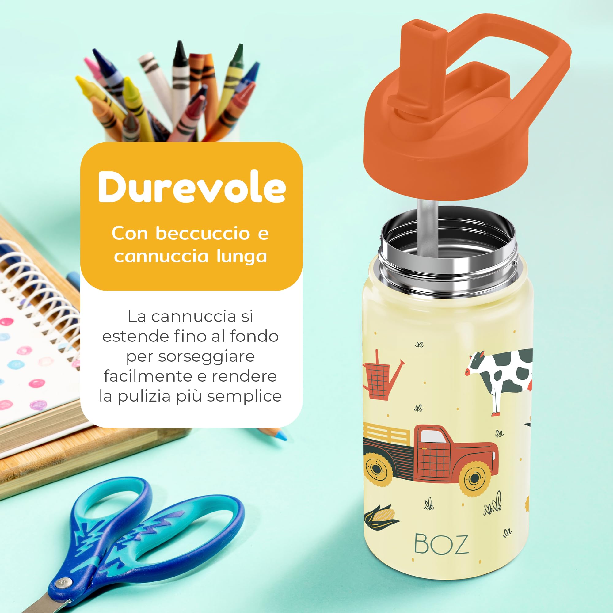 Borraccia Bambini con Cannuccia 400 ml BOZ, Termica, Lavabile in Lavastoviglie, BPA Free, Antigraffio