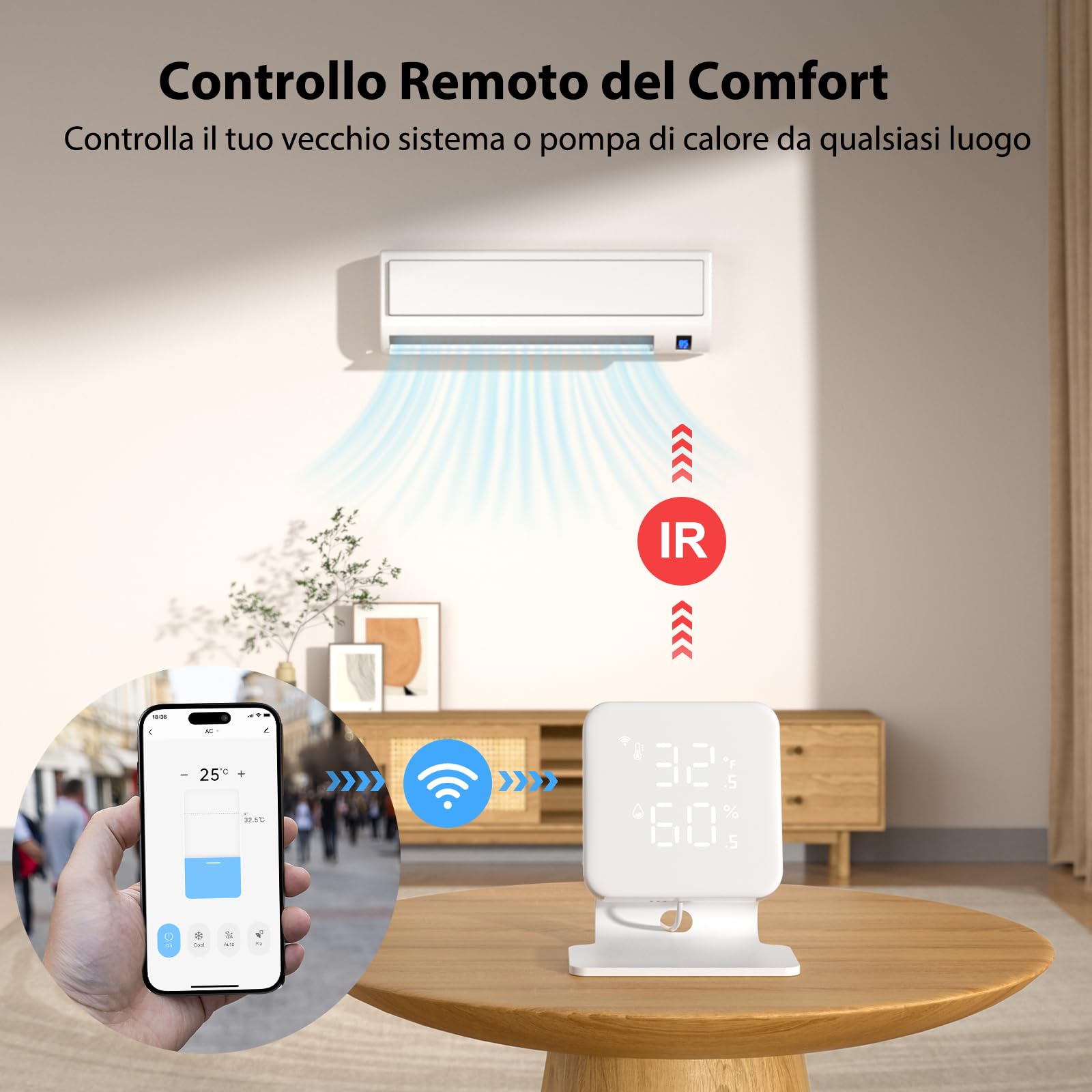 WOOX Controllo Intelligente per Climatizzazione e Pompe di Calore, Igrometro Termometro Telecomando con sensore IR, Termostato WiFi Domotica, compatibile con Alexa/Google
