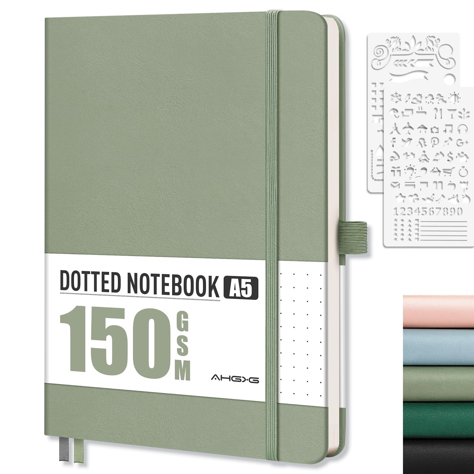 AHGXG Bullet Dotted Journal - 150 GSM Dot Grid Notebook Journal, Thick Acid-Free Paper, A5 Dotted Notebook 128 Pages, Leather Hardcover, Inner Pocket, Journal Stencil, 5.7'' × 8.3'' - Sage Green