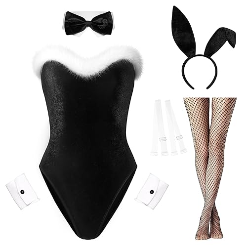 RSLOVE Lingerie Set for Women Sexy - 7 PCS Bunny Costume One Piece Teddy Bodysuit Stockings Set for Halloween Cosplay - X-Large - Black